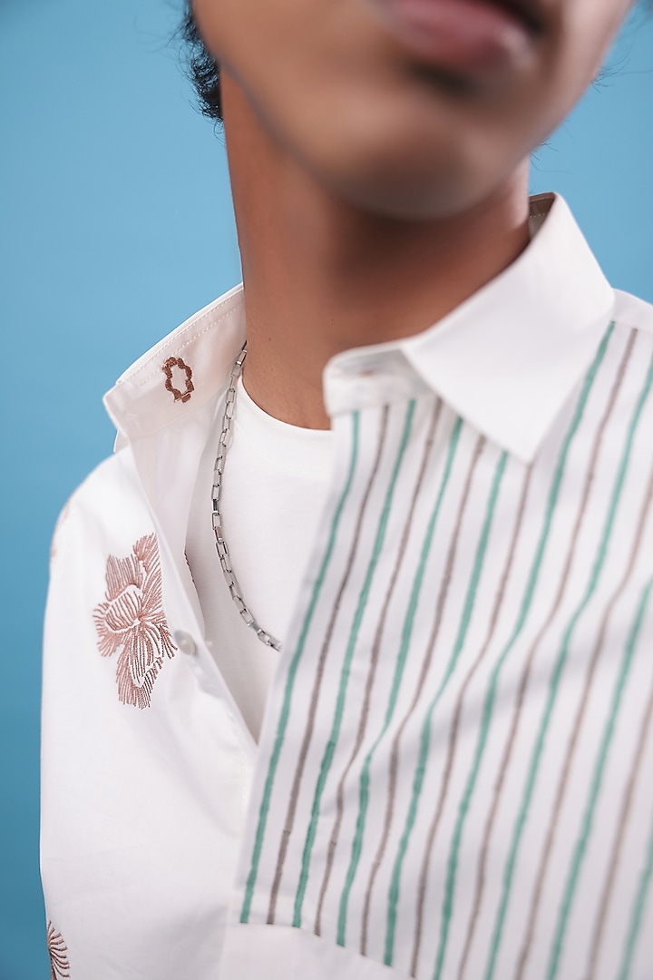 Off-White Egyptian Giza Cotton Hand Block Printed & Thread Embroidered Party Wear Shirt by The Culture at Pernia's Pop Up Shop