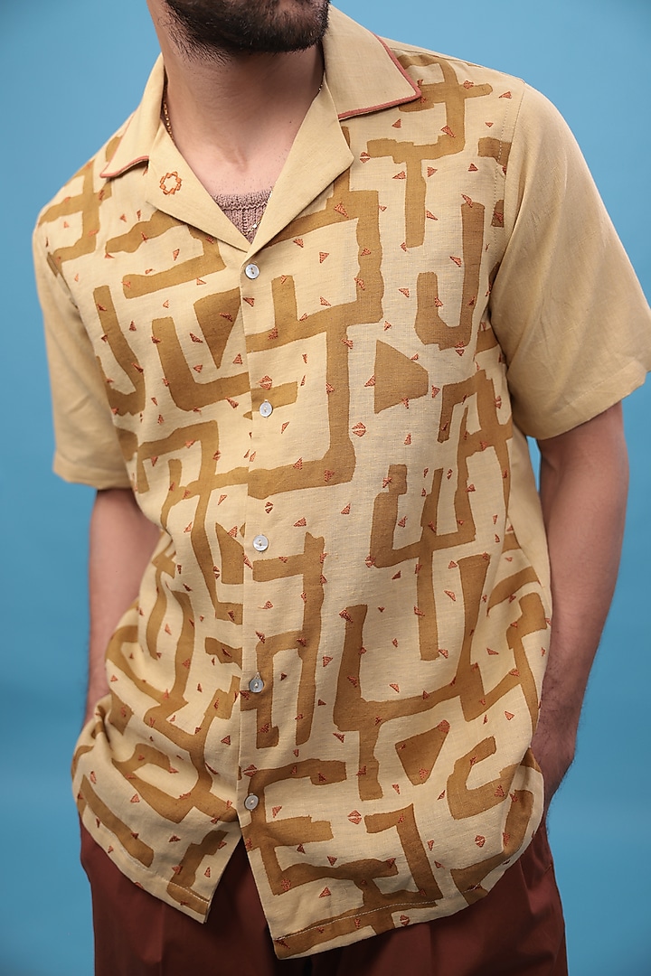 Mustard Pure Linen Hand Painted Party Wear Shirt by The Culture at Pernia's Pop Up Shop