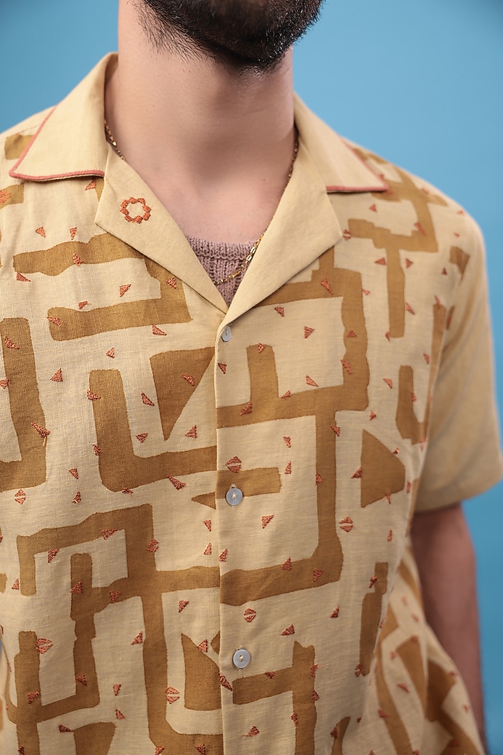 Mustard Pure Linen Hand Painted Party Wear Shirt by The Culture at Pernia's Pop Up Shop