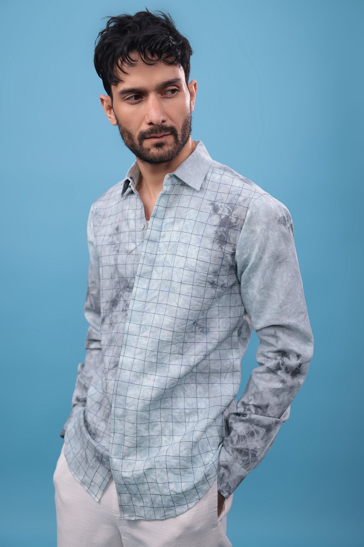 Grey Cotton Blend & Linen Thread Embroidered Shirt by The Culture