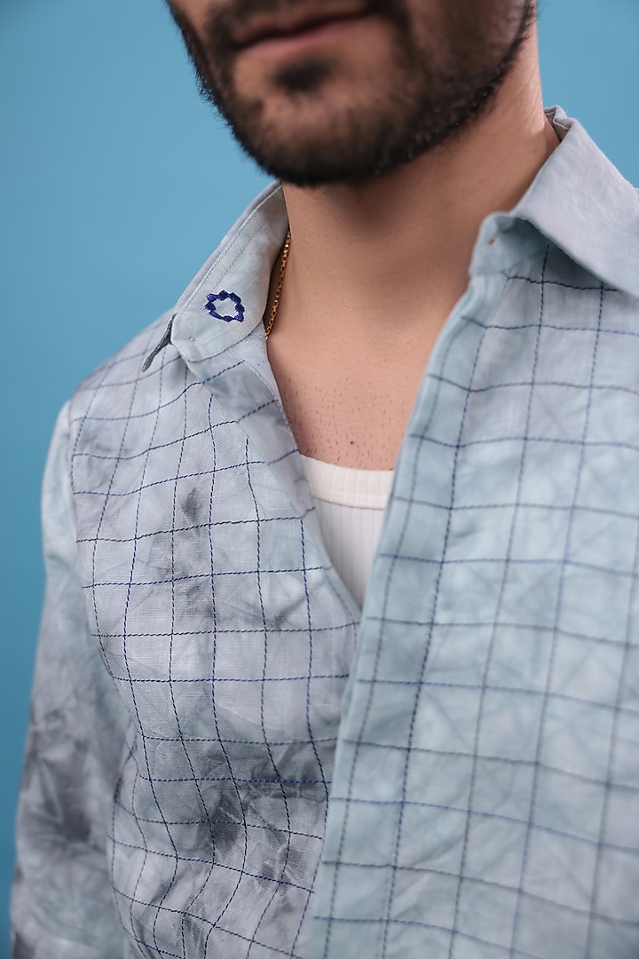 Grey Cotton Blend & Linen Thread Embroidered Party Wear Shirt by The Culture at Pernia's Pop Up Shop