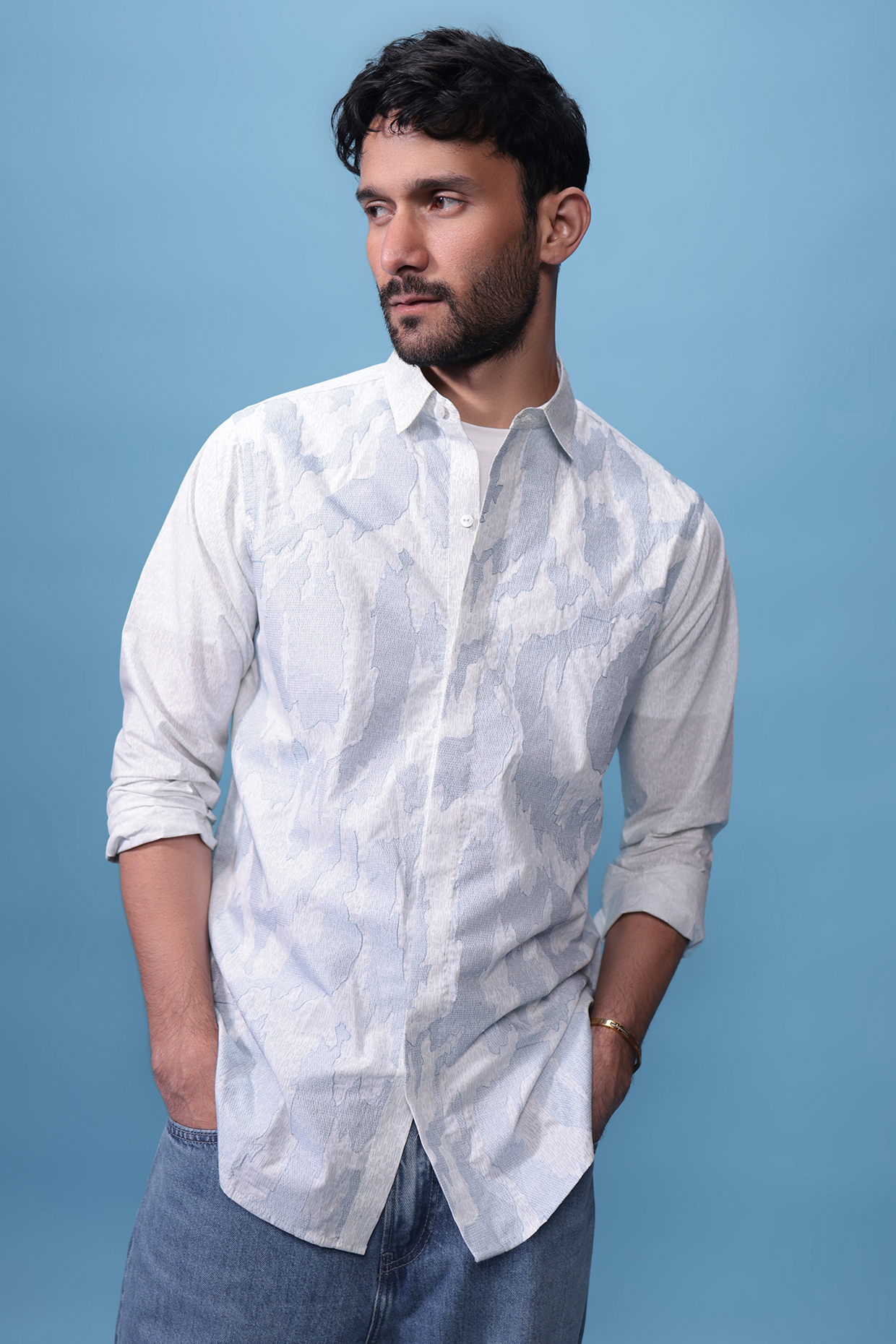 Blue Egyptian Giza Cotton Hand Block Printed & Abstract Embroidered Shirt by The Culture