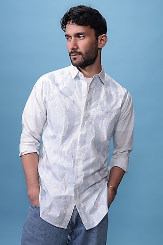 Blue Egyptian Giza Cotton Hand Block Printed & Abstract Embroidered Shirt by The Culture