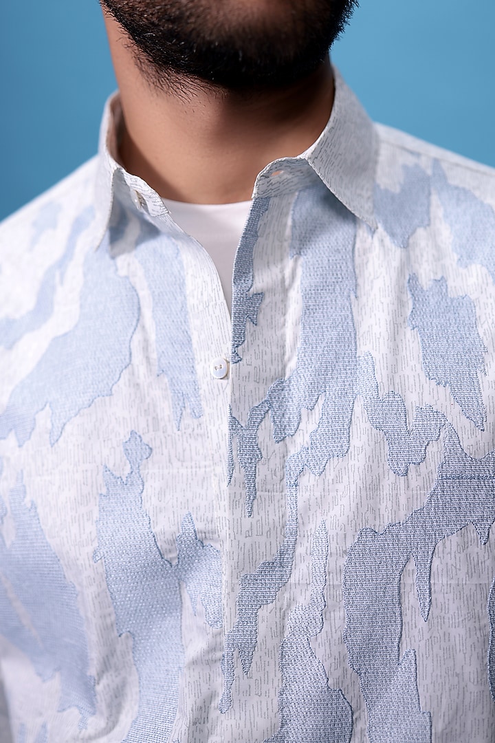 Blue Egyptian Giza Cotton Hand Block Printed & Abstract Embroidered Party Wear Shirt by The Culture at Pernia's Pop Up Shop