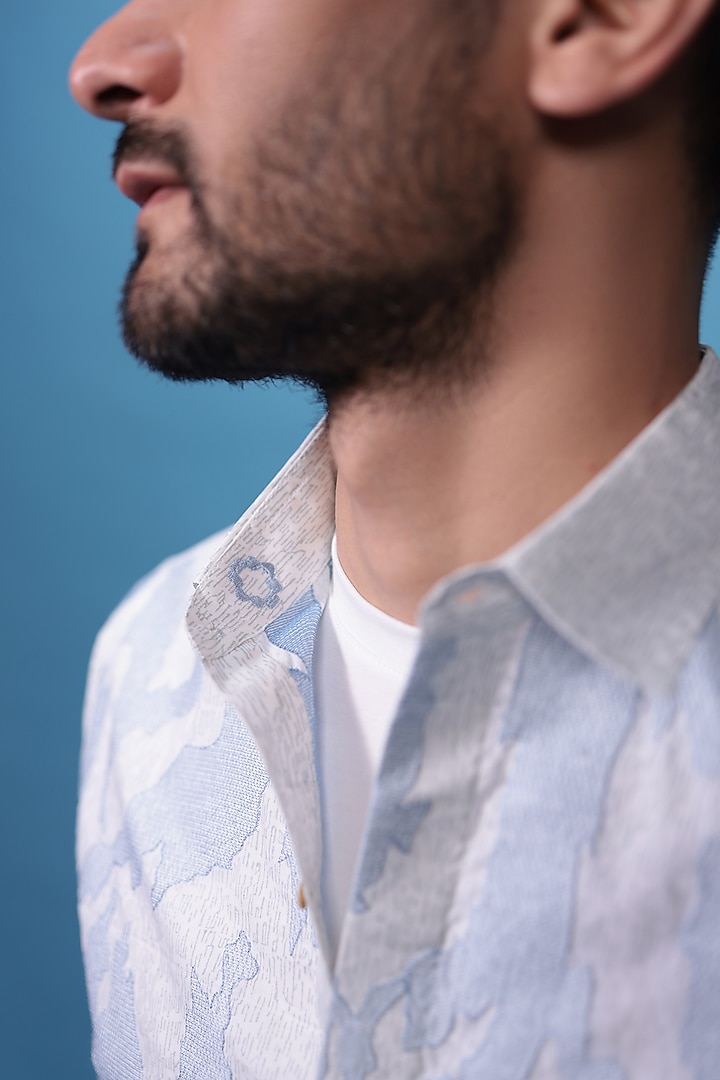Blue Egyptian Giza Cotton Hand Block Printed & Abstract Embroidered Party Wear Shirt by The Culture at Pernia's Pop Up Shop