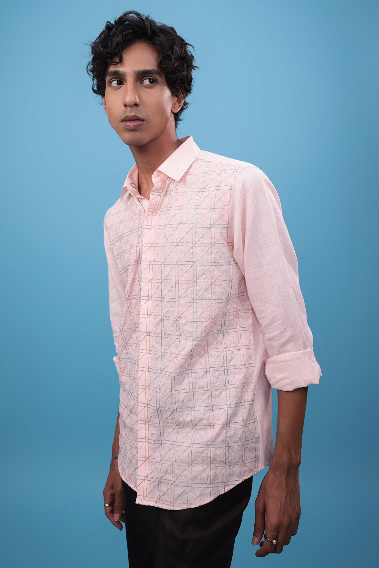 Pink Pure Linen Geometric Embroidered Shirt by The Culture