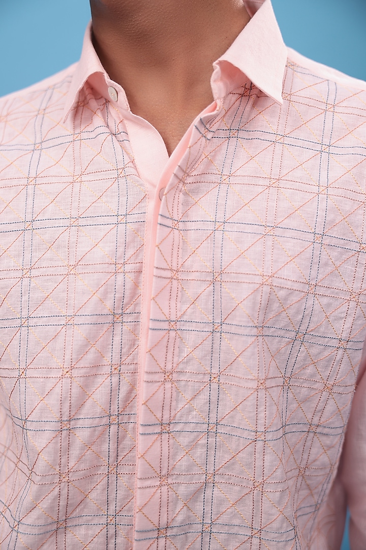 Pink Pure Linen Geometric Embroidered Party Wear Shirt by The Culture at Pernia's Pop Up Shop