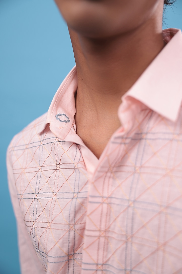 Pink Pure Linen Geometric Embroidered Party Wear Shirt by The Culture at Pernia's Pop Up Shop