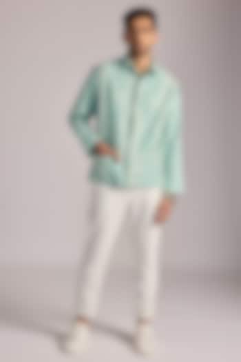 Mint Blue PET & Blended Cotton Geometric Shacket by The Culture