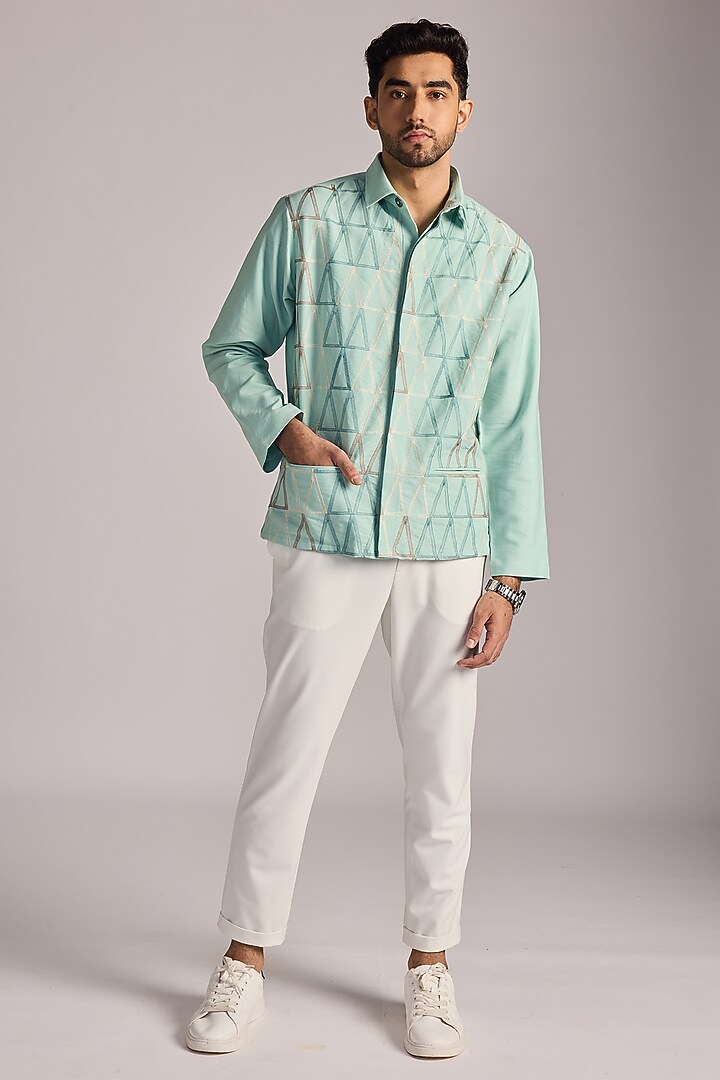 Mint Blue PET & Blended Cotton Geometric Shacket by The Culture