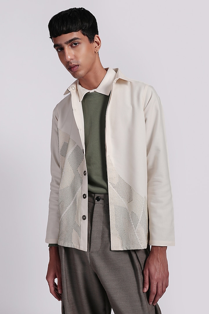 Off-White PET & Blended Cotton Geometric Shacket by The Culture