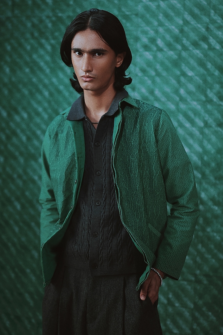 Green PET & Blended Cotton Textured Shacket by The Culture