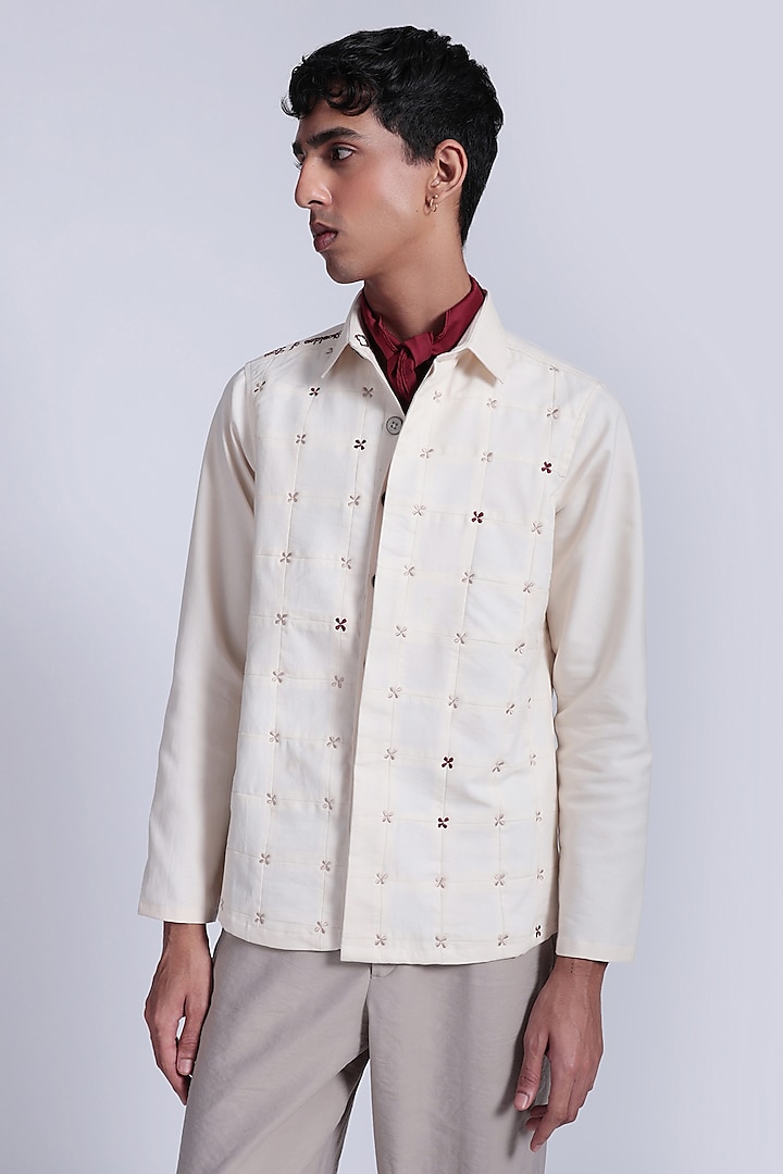 White PET & Blended Cotton Floral Shacket by The Culture