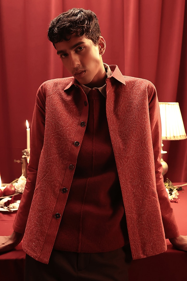 Maroon PET & Blended Cotton Textured Shacket by The Culture