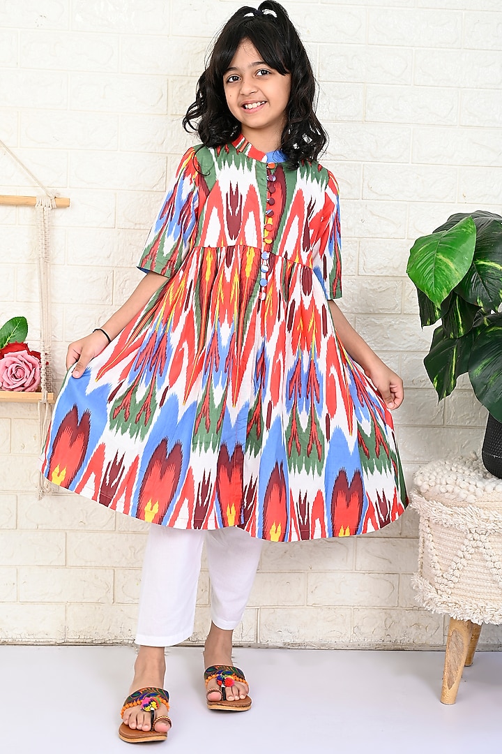 White Cotton Multi-Colored Ikat Printed Kurta Set For Girls by THE COTTON STAPLE at Pernia's Pop Up Shop