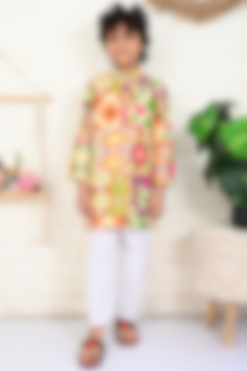 Multi-Colored Cotton Ikat Printed Kurta Set For Boys by THE COTTON STAPLE