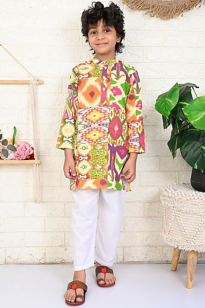 Multi-Colored Cotton Ikat Printed Kurta Set For Boys by THE COTTON STAPLE