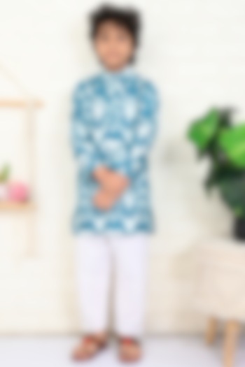 Teal Cotton Ikat Printed Kurta Set For Boys by THE COTTON STAPLE