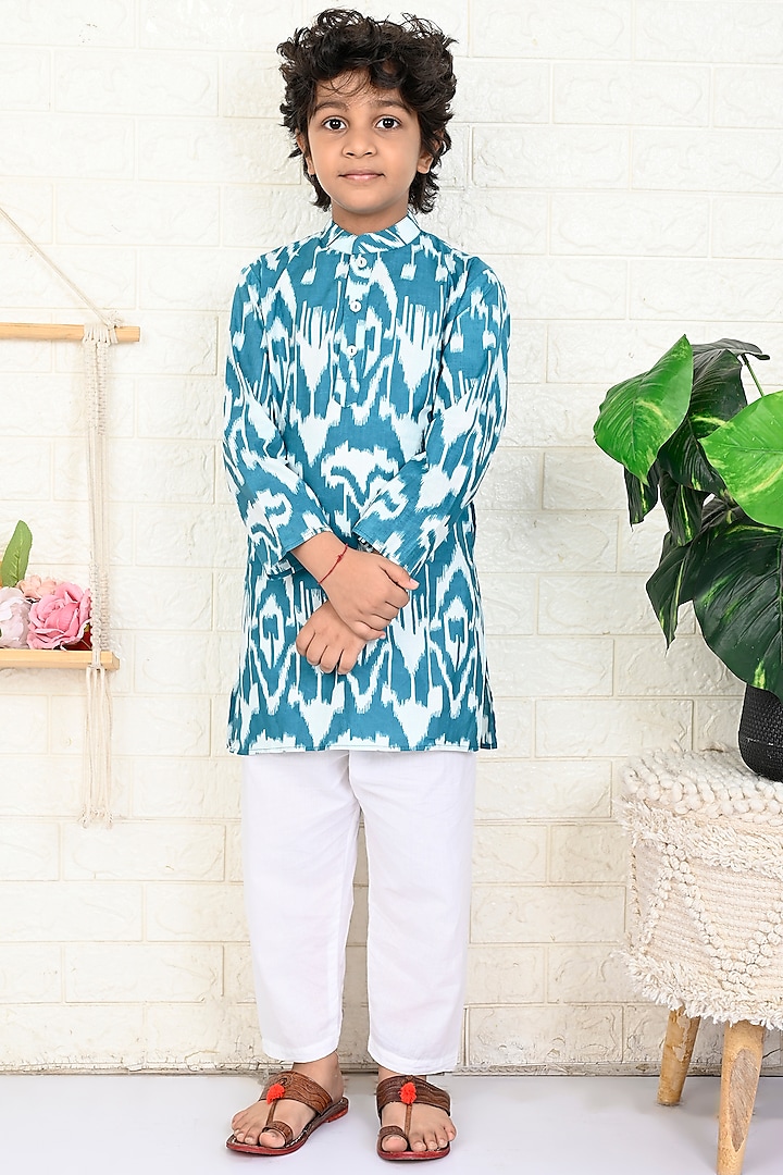 Teal Cotton Ikat Printed Kurta Set For Boys by THE COTTON STAPLE