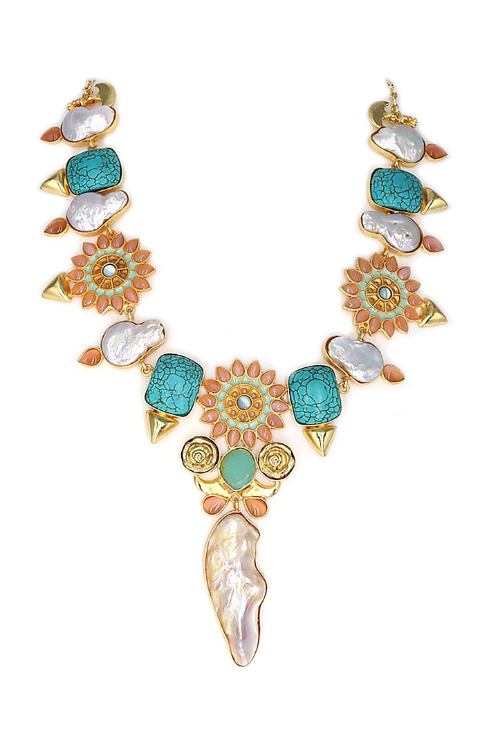 Gold Finish Kundan & Turquoise Stone Meenakari Necklace by Tad Accessories at Pernia's Pop Up Shop