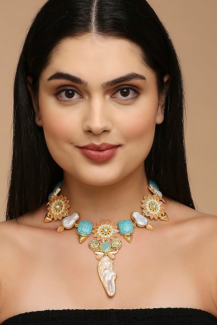 Gold Finish Kundan & Turquoise Stone Meenakari Necklace by Tad Accessories at Pernia's Pop Up Shop