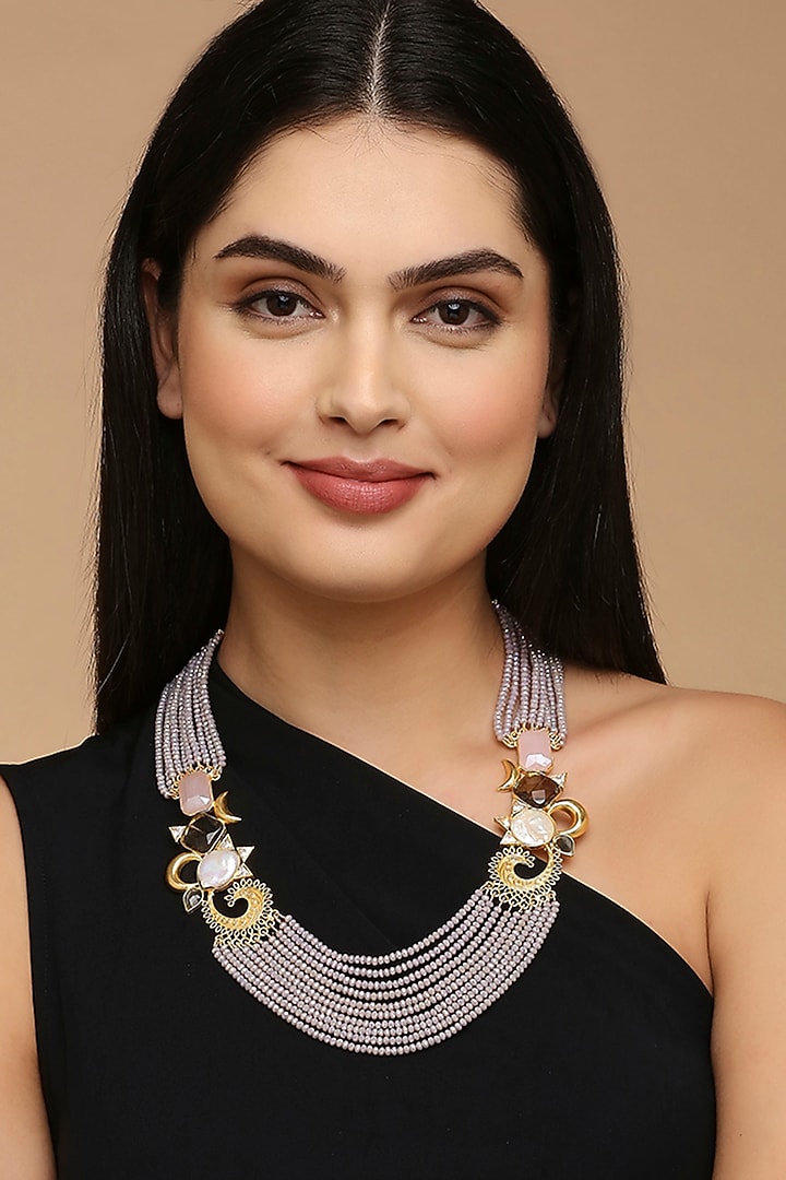 Gold Finish Crystal Beaded Necklace by Tad Accessories at Pernia's Pop Up Shop