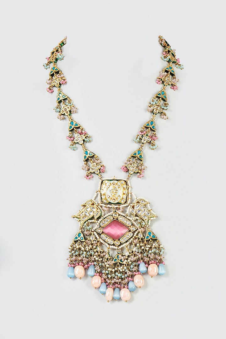 Gold Finish Pink Semi Precious Stone & Polki Meenakari Long Necklace by Tad Accessories at Pernia's Pop Up Shop