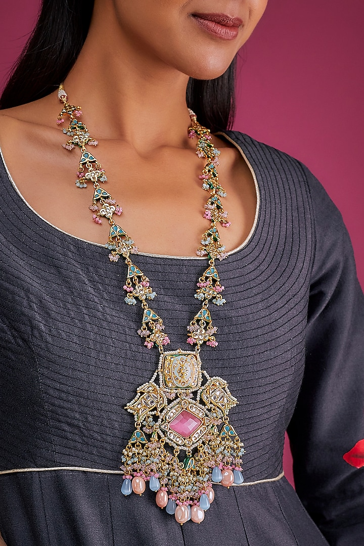 Gold Finish Pink Semi Precious Stone & Polki Meenakari Long Necklace by Tad Accessories at Pernia's Pop Up Shop