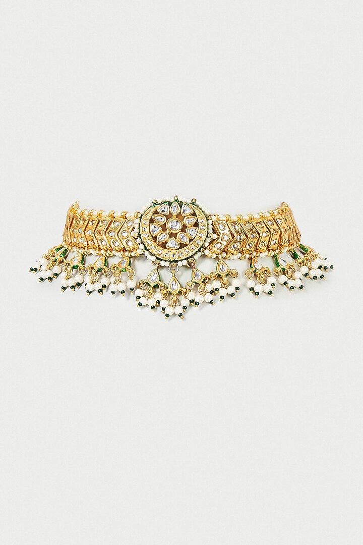 Gold Finish White Faux Pearl & Polki Meenakari Choker Necklace by Tad Accessories at Pernia's Pop Up Shop