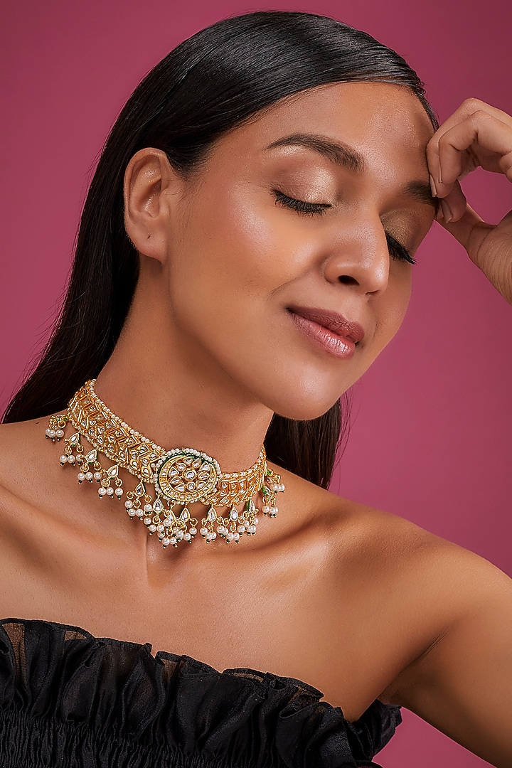Gold Finish White Faux Pearl & Polki Meenakari Choker Necklace by Tad Accessories at Pernia's Pop Up Shop