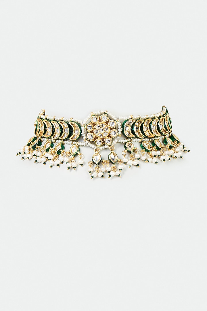 Gold Finish White Faux Pearl & Polki Meenakari Choker Necklace by Tad Accessories at Pernia's Pop Up Shop