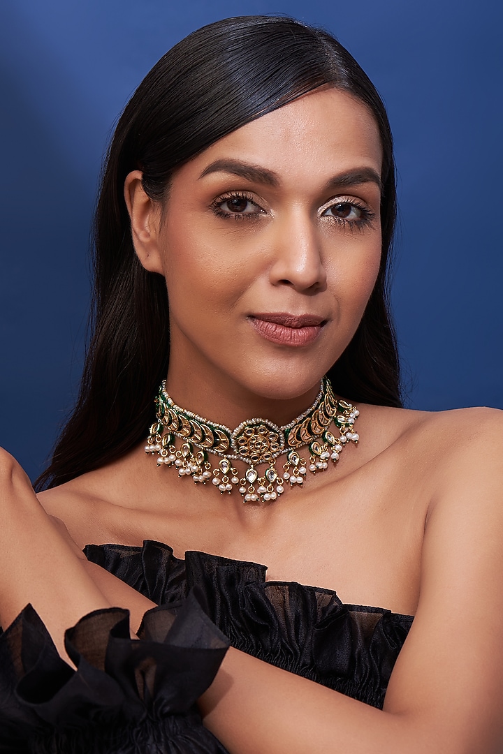 Gold Finish White Faux Pearl & Polki Meenakari Choker Necklace by Tad Accessories at Pernia's Pop Up Shop