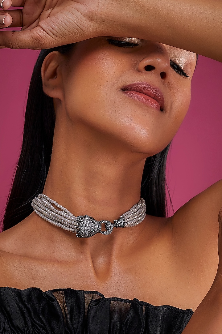 Black Rhodium Finish CZ & Crystal Bead Choker Necklace by Tad Accessories at Pernia's Pop Up Shop