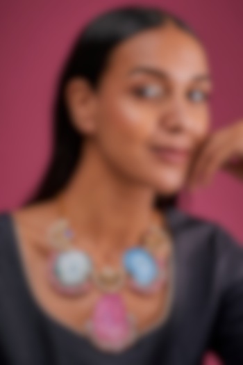 Gold Finish Pink Semi-Precious Stone & Crystal Bead Necklace by Tad Accessories at Pernia's Pop Up Shop