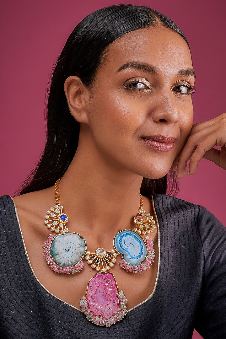 Gold Finish Pink Semi-Precious Stone & Crystal Bead Necklace by Tad Accessories at Pernia's Pop Up Shop