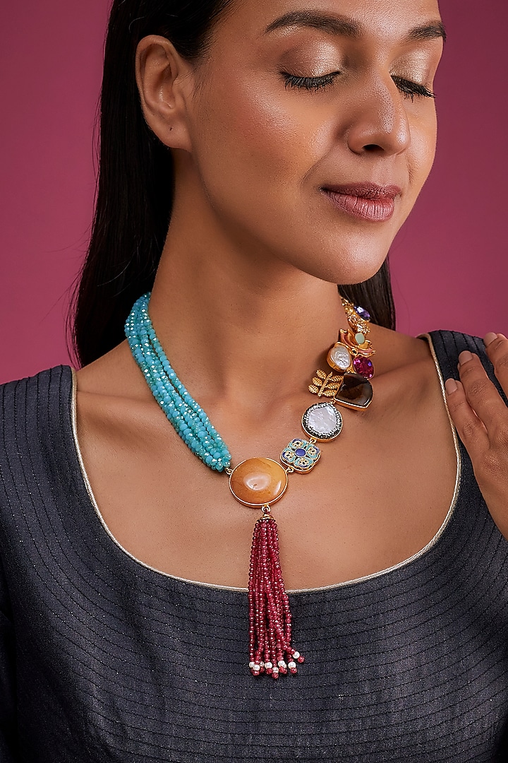 Gold Finish Multi-Colored Semi-Precious Stone & Crystal Bead Necklace by Tad Accessories at Pernia's Pop Up Shop