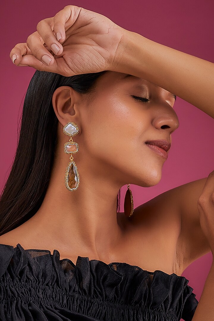 Gold Finish Semi-Precious Stone & Swarovski Crystal Dangler Earrings by Tad Accessories at Pernia's Pop Up Shop