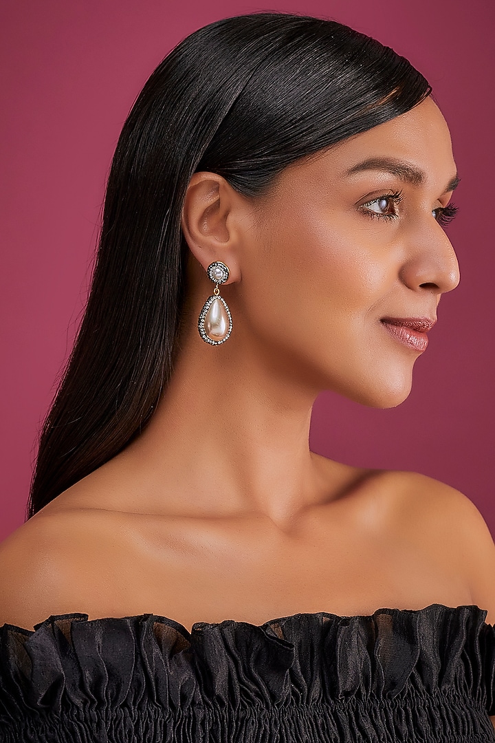Two Tone Finish White Shell Pearl & Swarovski Crystal Dangler Earrings by Tad Accessories at Pernia's Pop Up Shop