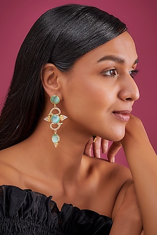 Gold Finish Green Semi-Precious Stone Dangler Earrings by Tad Accessories