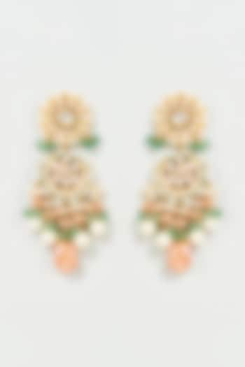 Gold Finish Green Imitation Polki & Semi-Precious Stone Dangler Earrings by Tad Accessories