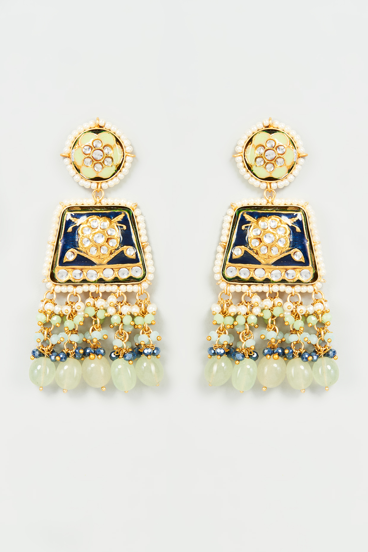Gold Finish Blue Imitation Kundan Meenakari Dangler Earrings by Tad Accessories