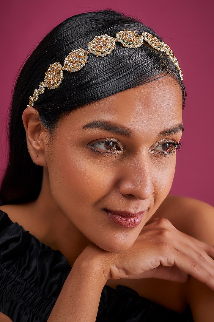 Gold Finish White Imitation Kundan Matha Patti by Tad Accessories at Pernia's Pop Up Shop