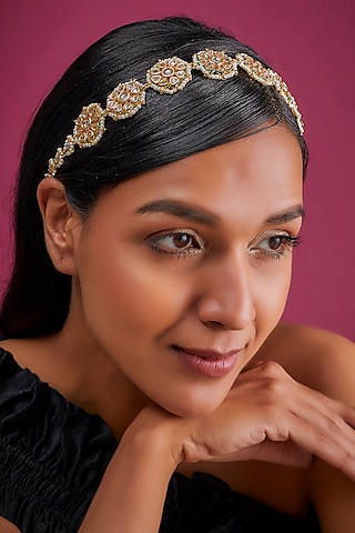 Gold Finish White Imitation Kundan Matha Patti by Tad Accessories