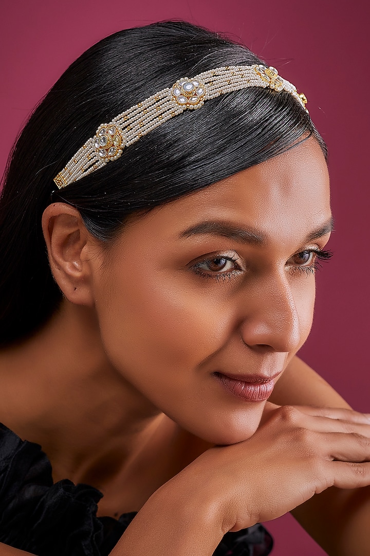 Gold Finish White Imitation Kundan Matha Patti by Tad Accessories at Pernia's Pop Up Shop