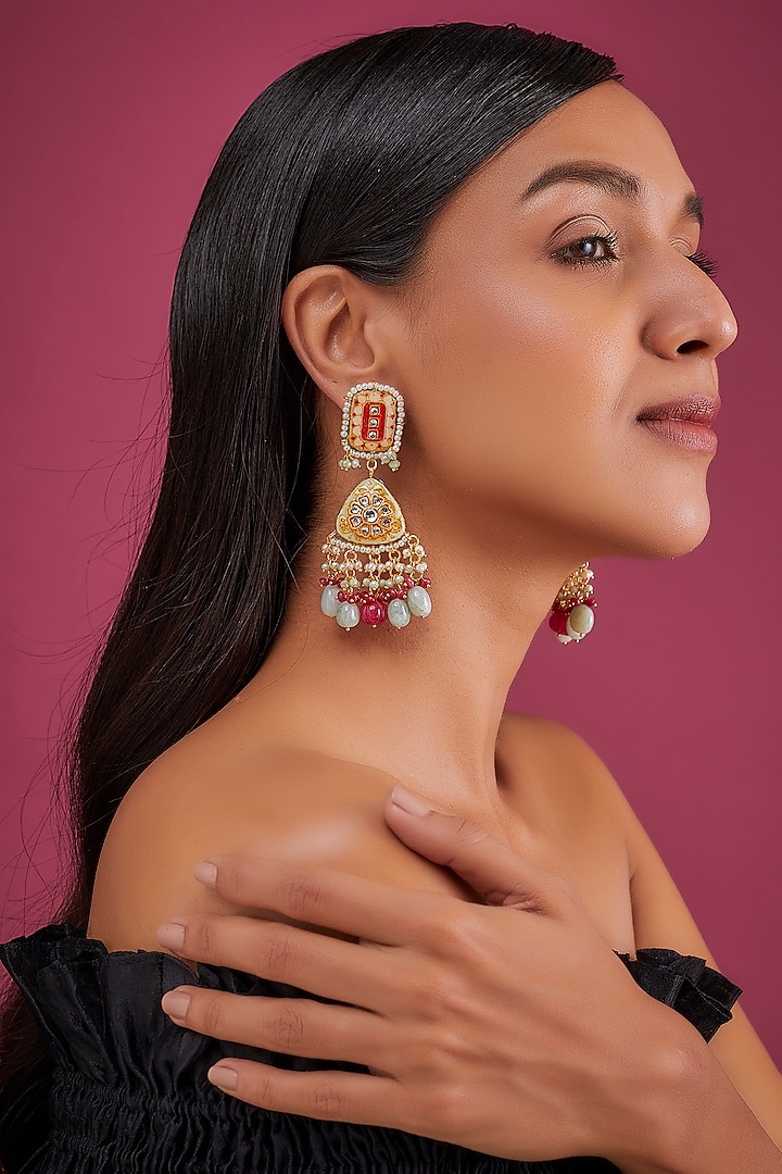 Gold Finish Red Imitation Kundan Dangler Earrings by Tad Accessories