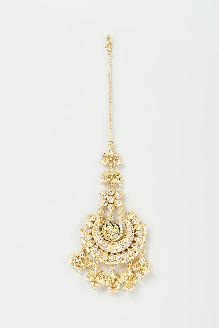 Gold Finish White Imitation Kundan Maang Tikka by Tad Accessories at Pernia's Pop Up Shop
