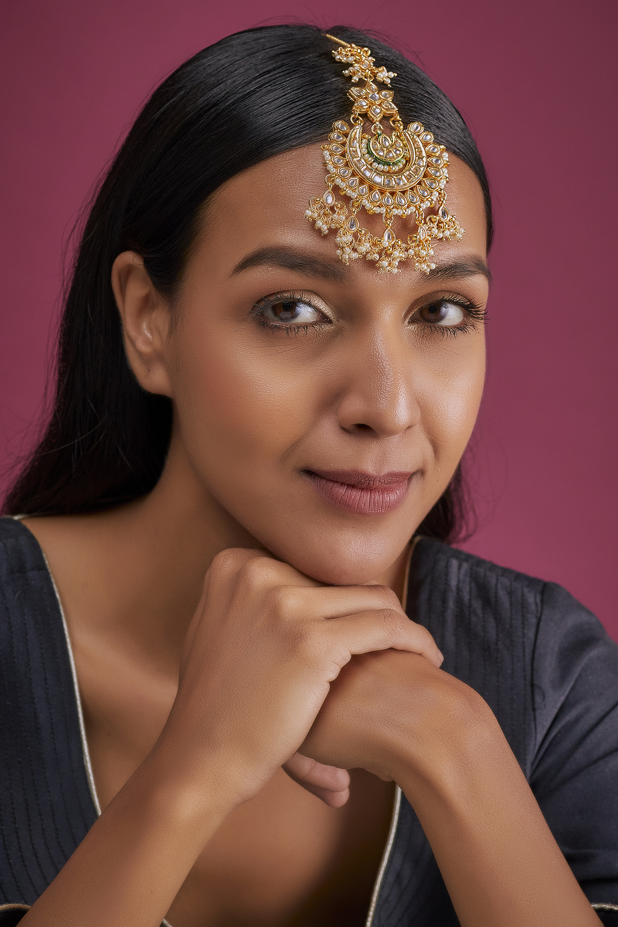 Gold Finish White Imitation Kundan Maang Tikka by Tad Accessories at Pernia's Pop Up Shop