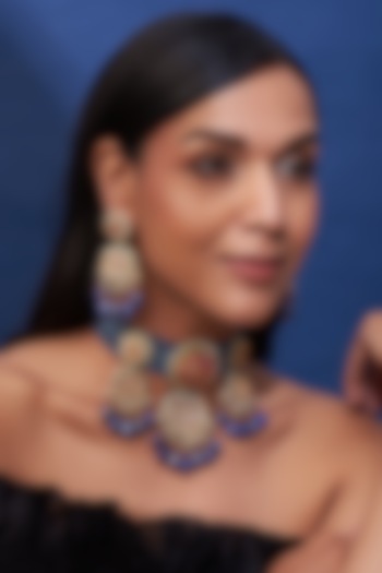 Gold Finish Blue Quartz & Imitation Polki Meenakari Choker Necklace Set by Tad Accessories