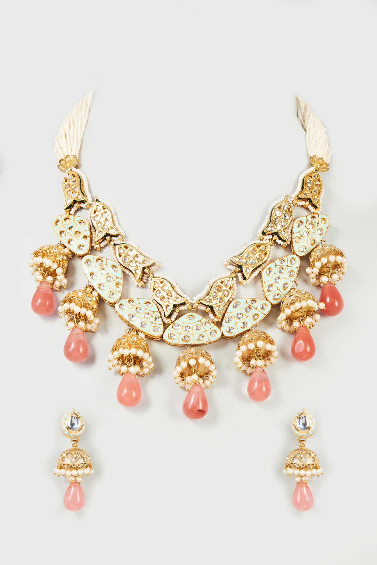 Gold Finish Pink Quartz & Imitation Polki Meenakari Necklace Set by Tad Accessories