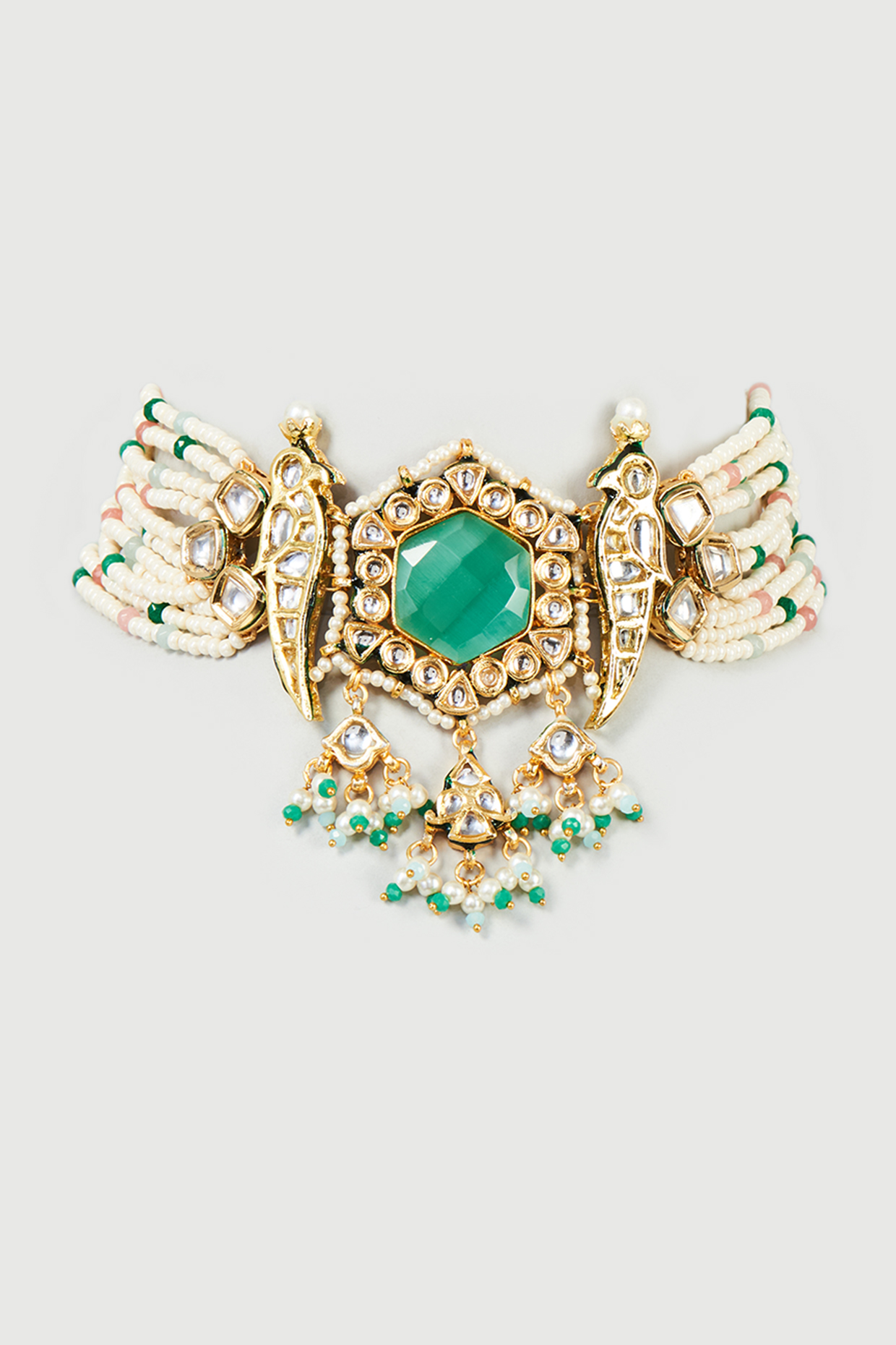 Gold Finish White Pearl & Imitation Polki Meenakari Choker Necklace by Tad Accessories